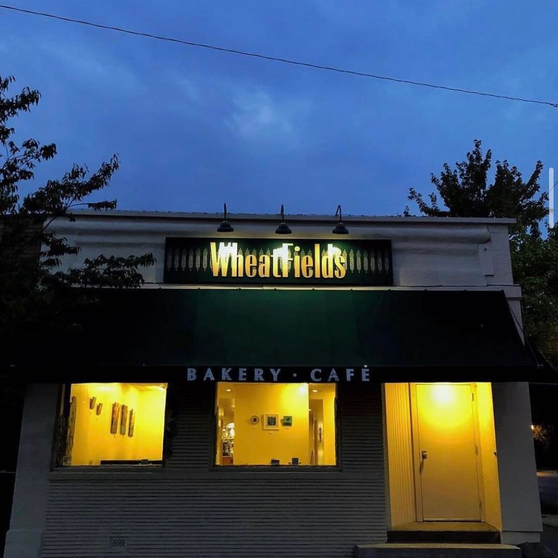Image of WheatFields Bakery exterior at night